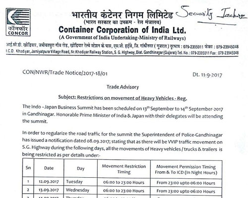 Trade Advisory - Restrictions On Movement Of Heavy Vehicles-REG